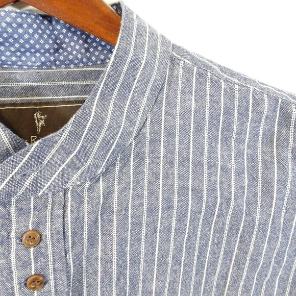 Celtic Ranchwear Shirt Large Long Sleeve Mandarin Collar Blue White Striped - Picture 4 of 10
